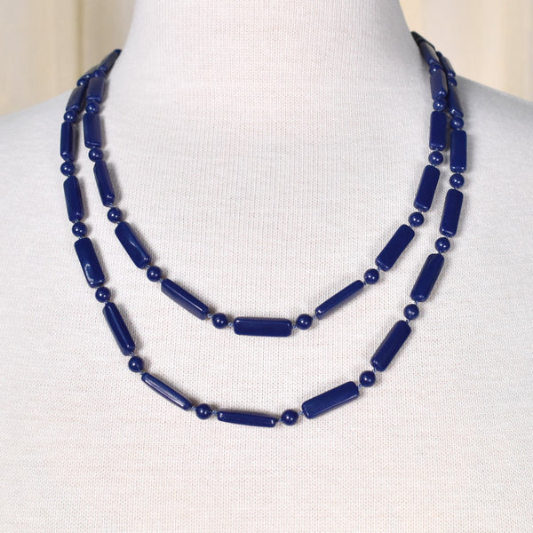Long Blue Bar Bead Necklace