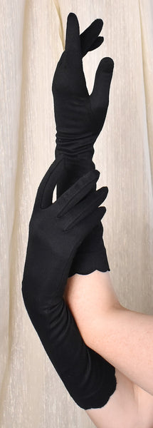 Long Black Scallop Trim Gloves