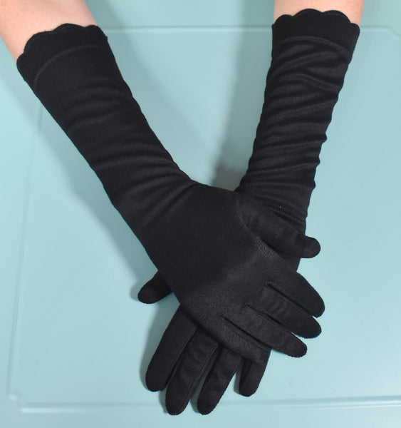 Long Black Scallop Trim Gloves