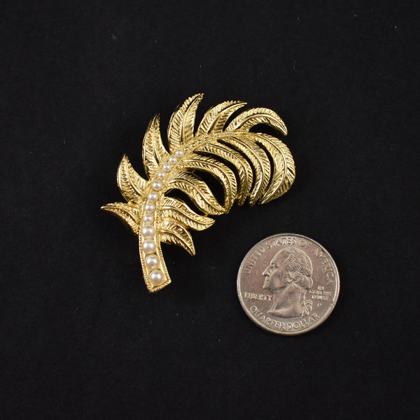 Gold Pearl & Feather Brooch Pin