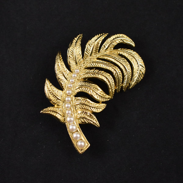 Gold Pearl & Feather Brooch Pin