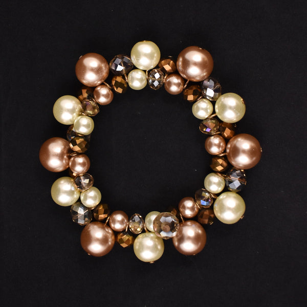 Elastic Tan Pearl & Aurora Borealis Bead Bracelet