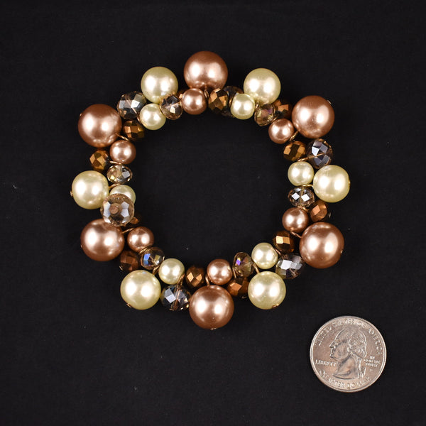 Elastic Tan Pearl & Aurora Borealis Bead Bracelet