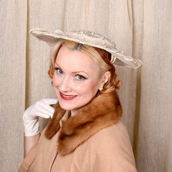 1950s Cream & Bead Platter Hat