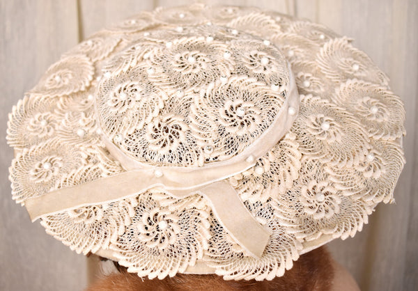1950s Cream & Bead Platter Hat