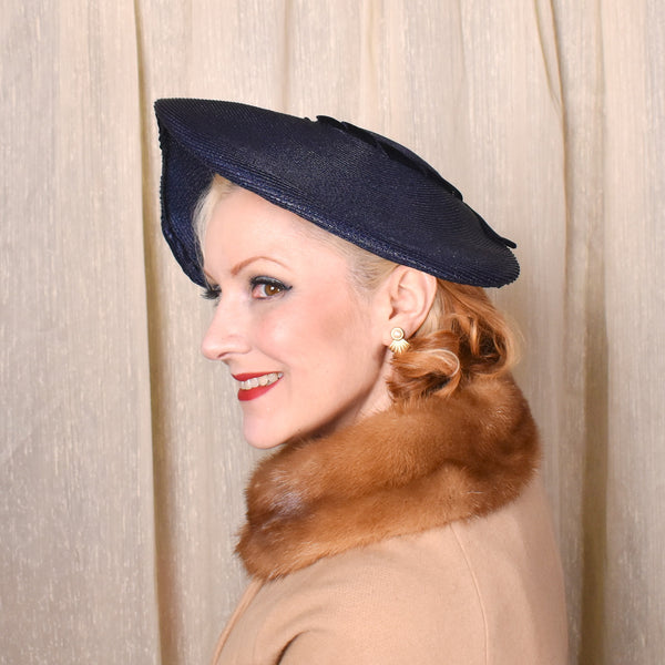 1950s Navy Asymmetrical Straw Platter Hat
