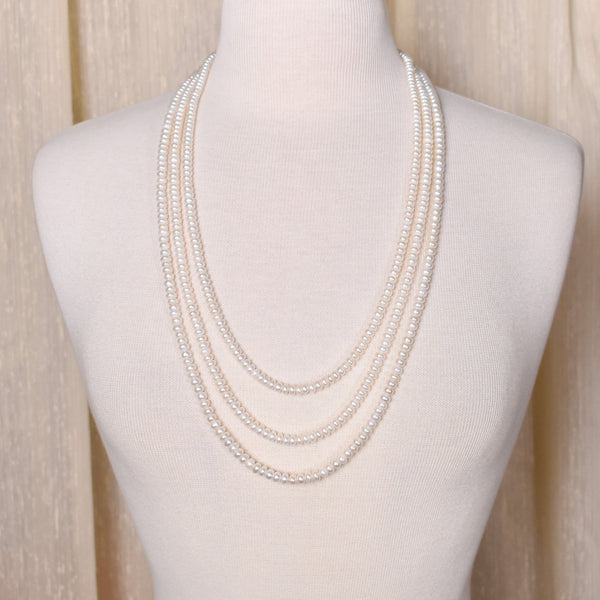 Triple Strand Long Pearl Necklace