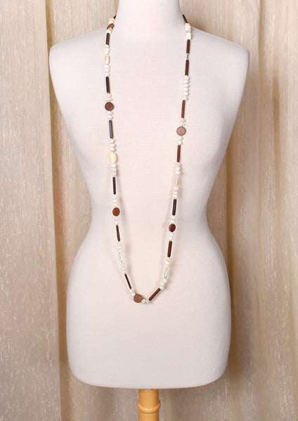 Extra Long Mother of Pearl & Wood Bead Necklace