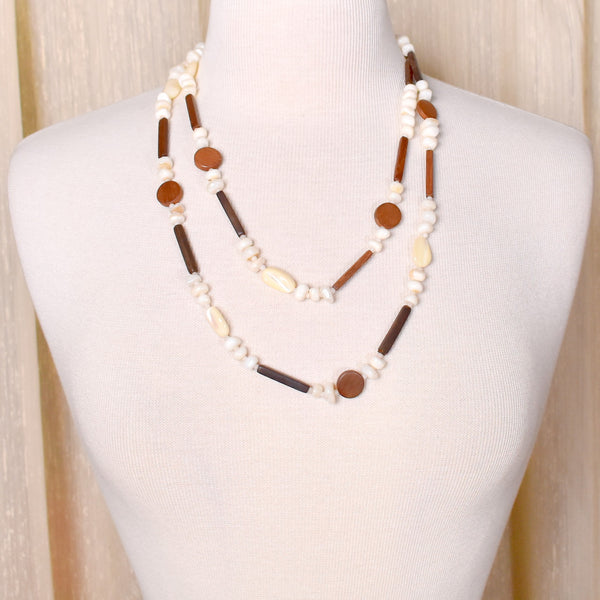 Extra Long Mother of Pearl & Wood Bead Necklace