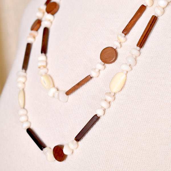 Extra Long Mother of Pearl & Wood Bead Necklace