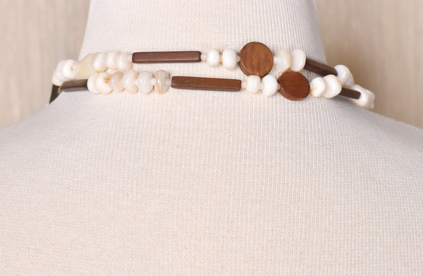 Extra Long Mother of Pearl & Wood Bead Necklace