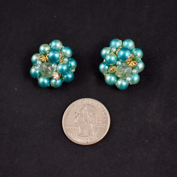 Aqua Pearl Cluster Earrings