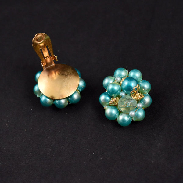 Aqua Pearl Cluster Earrings