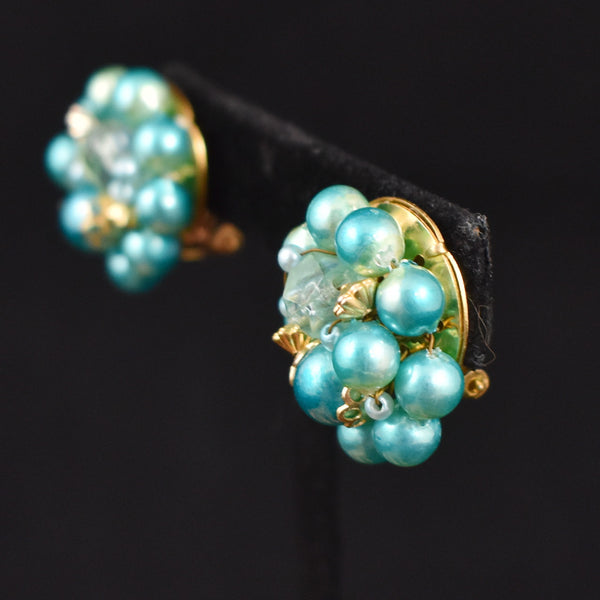 Aqua Pearl Cluster Earrings