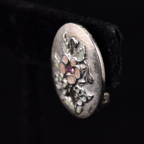 Pink Floral Oval Rhinestone Earrings