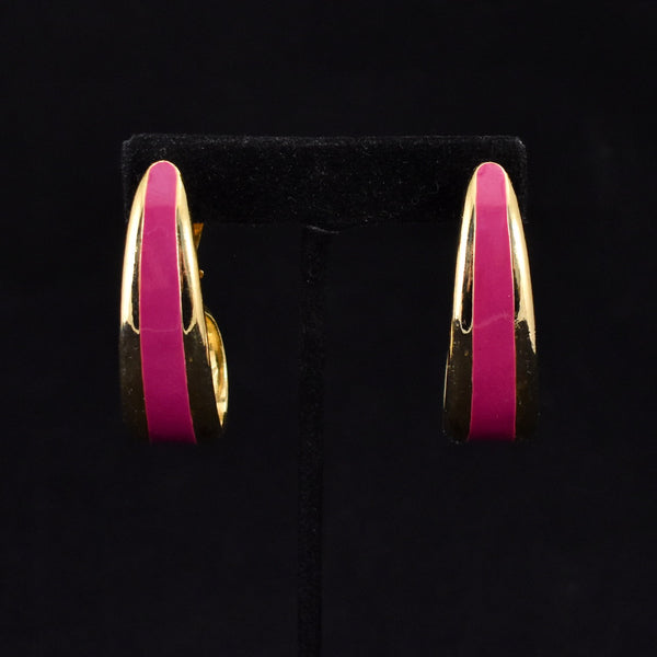 Large Pink Mauve Enamel Gold Earrings