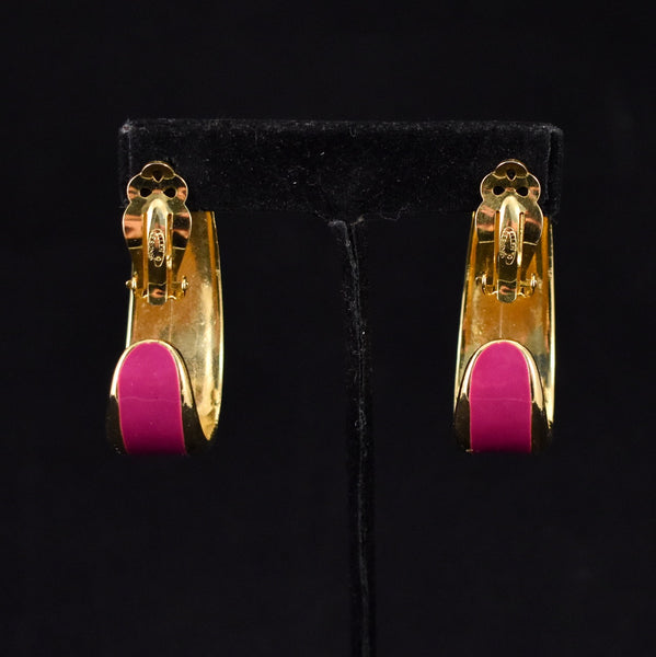 Large Pink Mauve Enamel Gold Earrings