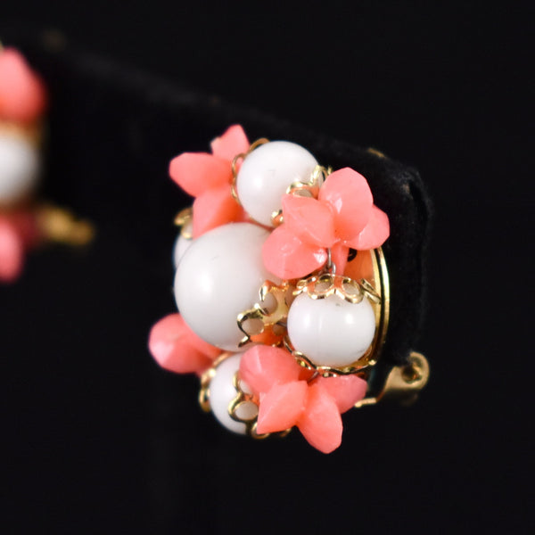 Coral & White Bead Cluster Earrings