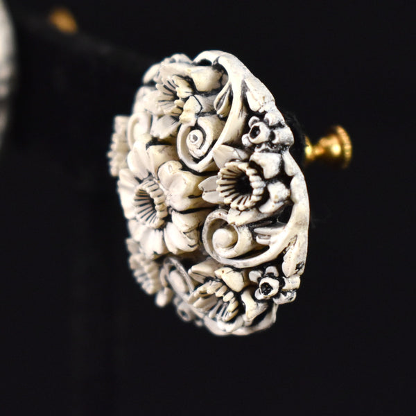 Celluloid White Carved Flower Earrings
