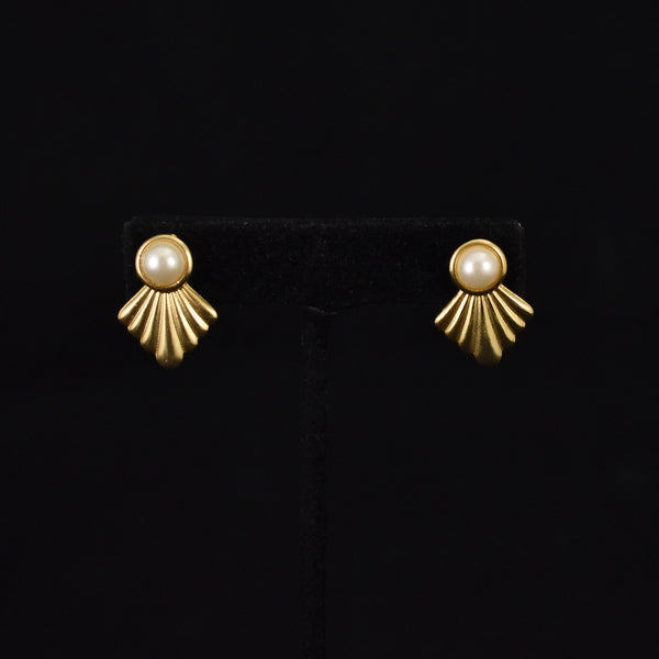 Gold Deco Fan Pearl Earrings