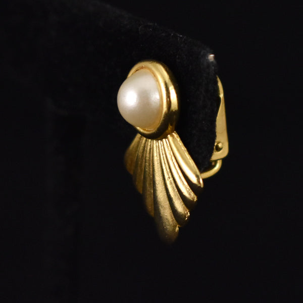 Gold Deco Fan Pearl Earrings