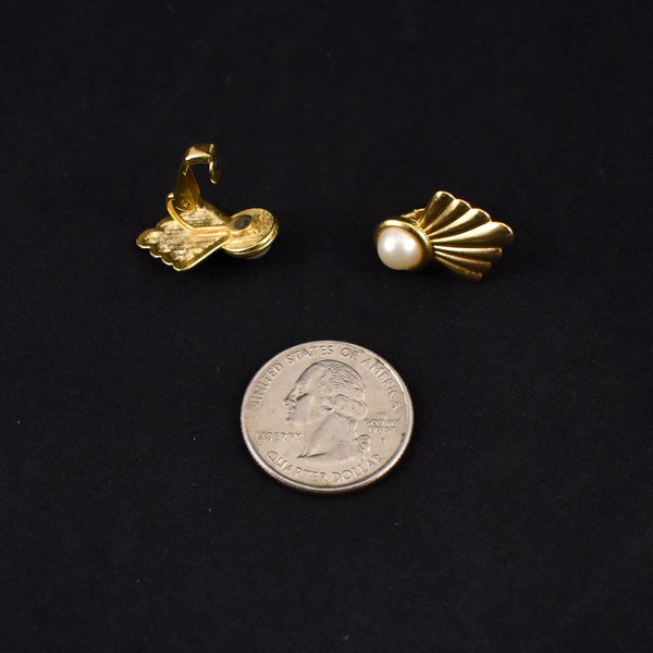 Gold Deco Fan Pearl Earrings