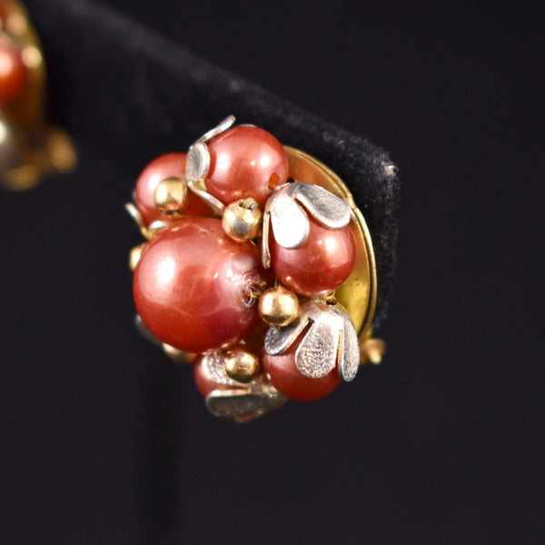Orange Pearl Cluster Earrings
