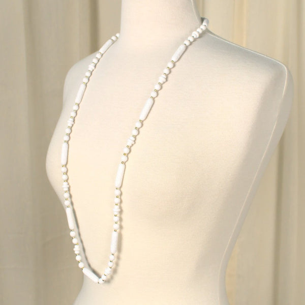 Long White Carved Bead Necklace Cats Like Us