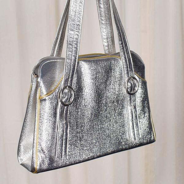 NOS 1960s Shiny Silver Vintage Handbag Cats Like Us