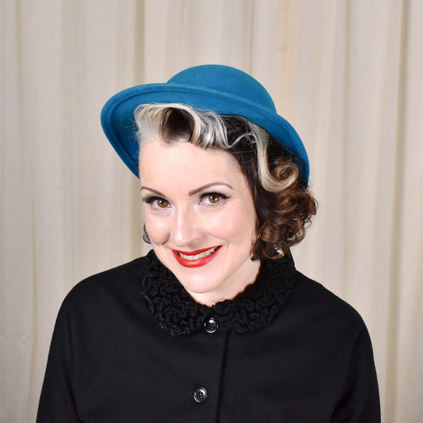 NOS 80s does 20s Vintage Teal Wool Hat Cats Like Us