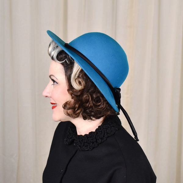 NOS 80s does 20s Vintage Teal Wool Hat Cats Like Us