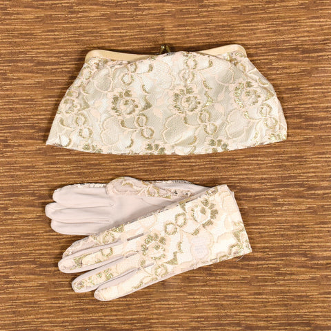 NWOT 1950s Vintage  Tan & Gold Lace Gloves and Clutch Bag Cats Like Us