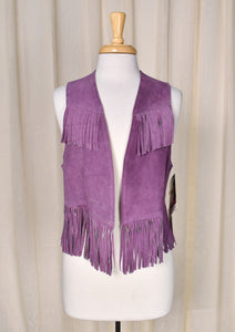 NWT 1980s Vintage Purple Leather Fringe Vest by Sasson Cats Like Us