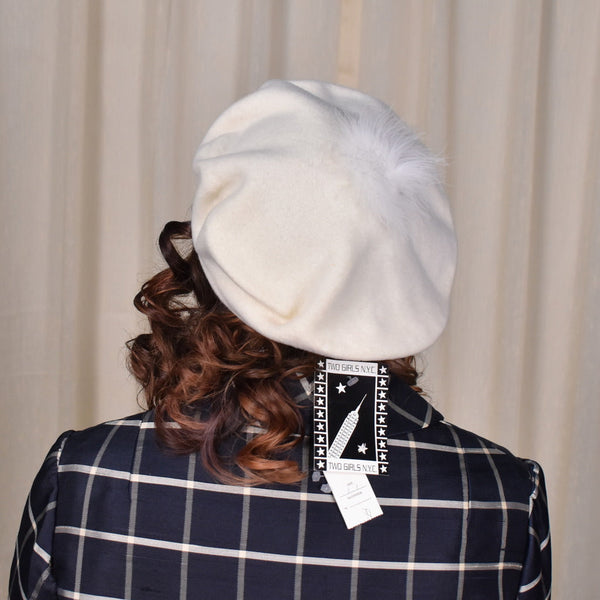 NWT 1990s Ivory Pom Pom Wool Beret Cats Like Us