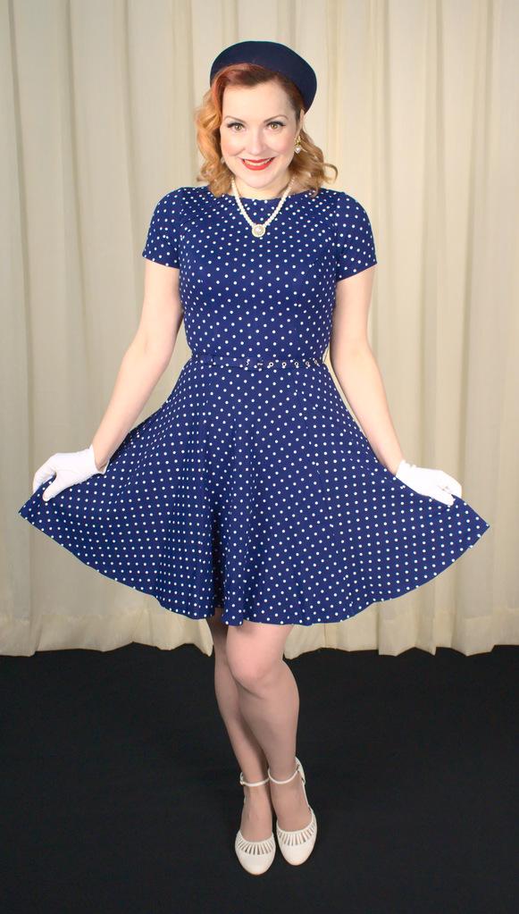 Navy Polka Dot Womens Retro Style Swing Dress by Unique Vintage Cats Like Us Navy Polka Dot Womens Retro Style Swing Dress by Unique Vintage Cats Like Us