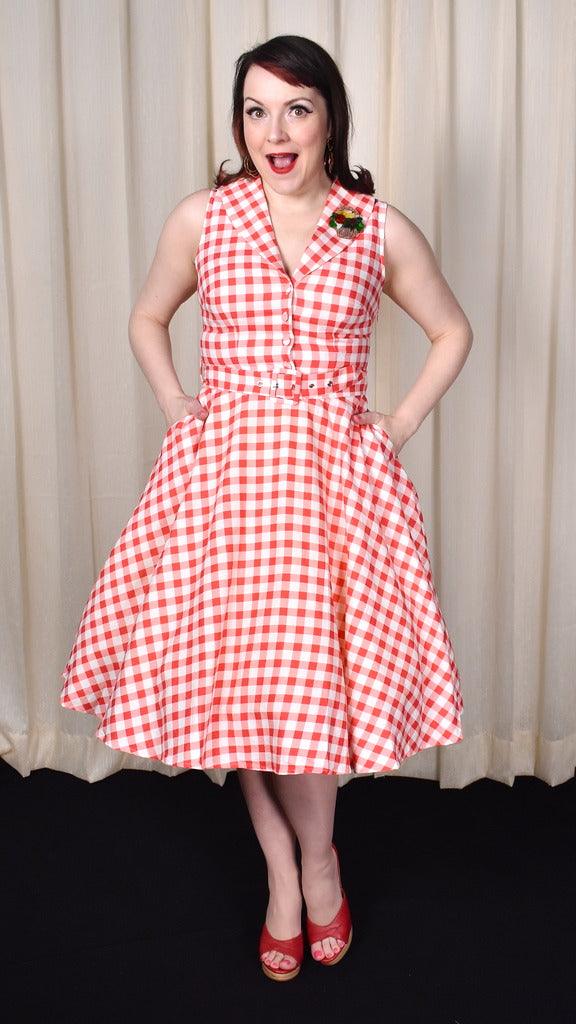red gingham shift dress Red Gingham Zip Front Midi Dress - All Dresses