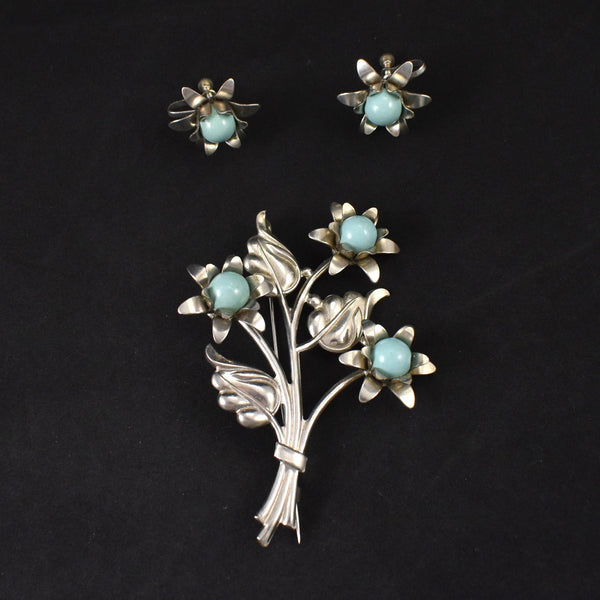 Silver & Aqua Bouquet Brooch Set Cats Like Us