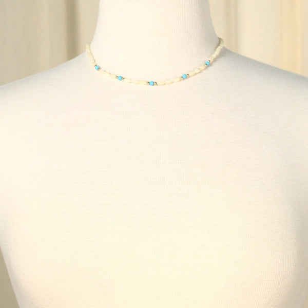 Tiny Pearl & Blue Bead Necklace Cats Like Us