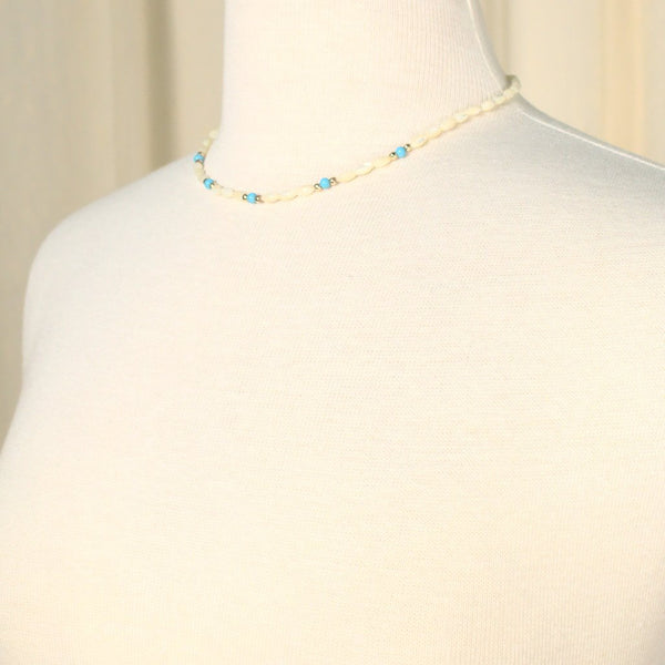 Tiny Pearl & Blue Bead Necklace Cats Like Us