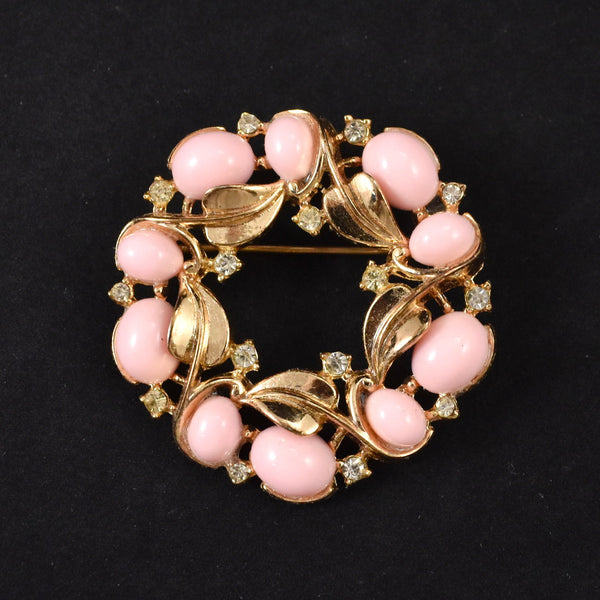 Trifari Gold Crown Pink Bead Wreath Brooch Cats Like Us