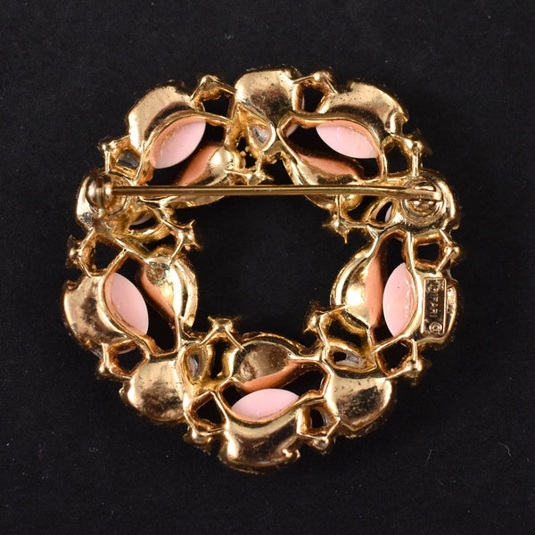 Trifari Gold Crown Pink Bead Wreath Brooch Cats Like Us