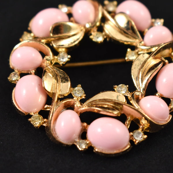 Trifari Gold Crown Pink Bead Wreath Brooch Cats Like Us
