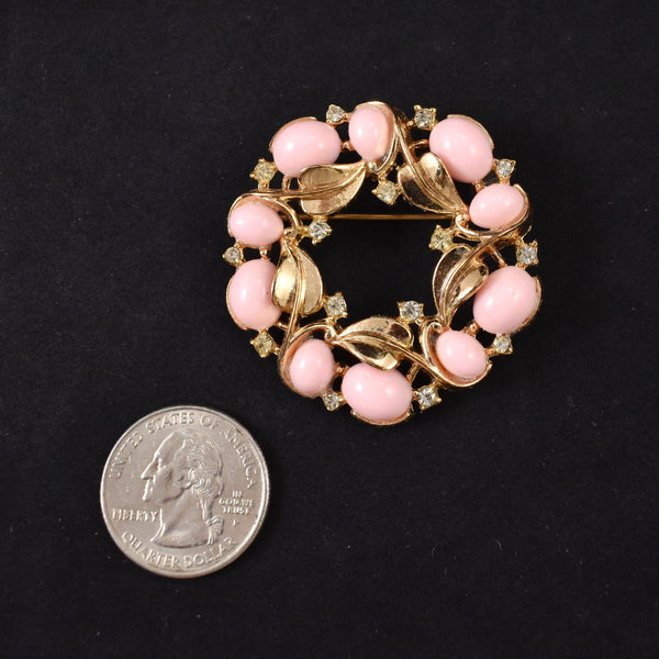 Trifari Gold Crown Pink Bead Wreath Brooch Cats Like Us
