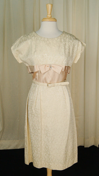 Vintage 1950s Beige Brocade Dress Cats Like Us