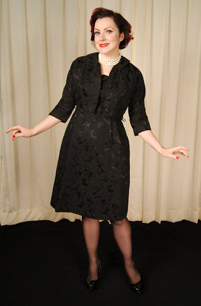 Vintage 1950s Black Brocade Dress Suit Cats Like Us