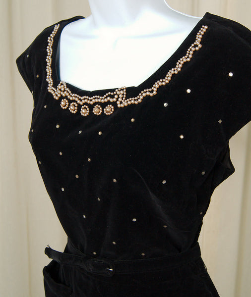 Vintage 1950s Black Velvet Pearl Dress Cats Like Us