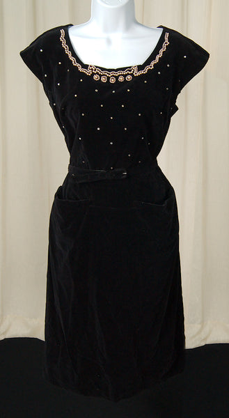 Vintage 1950s Black Velvet Pearl Dress Cats Like Us