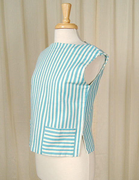 Vintage 1950s Blue Striped Ladies Tank Top Cats Like Us