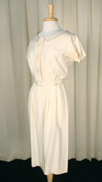 Vintage 1950s Cream Leaf Shirt Dress Cats Like Us