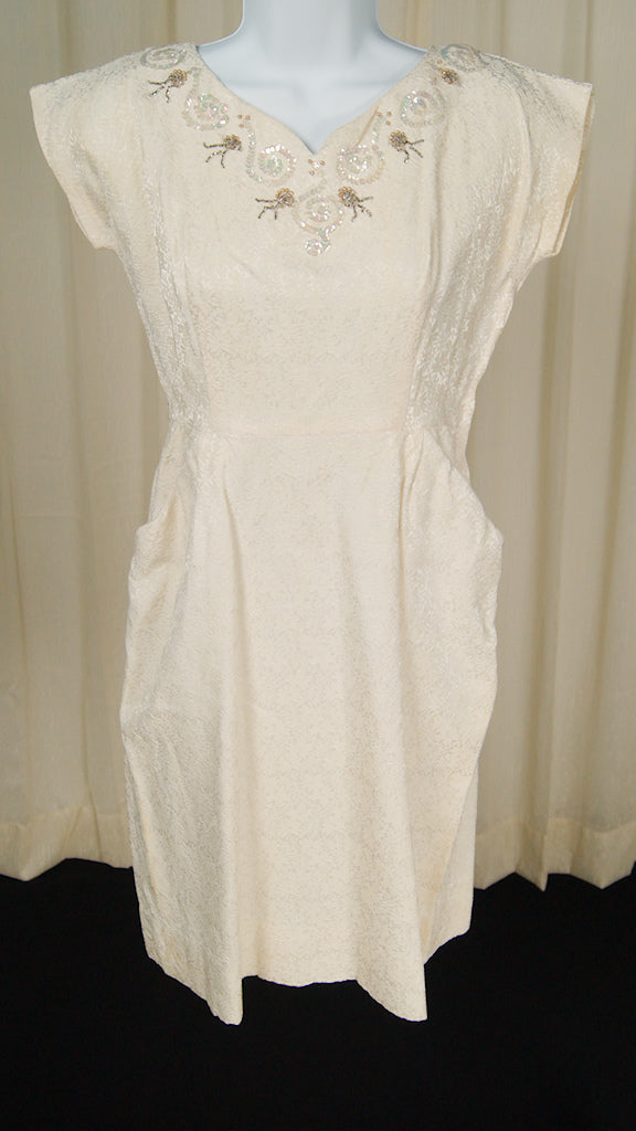 Vintage 1950s Ivory Brocade Dress